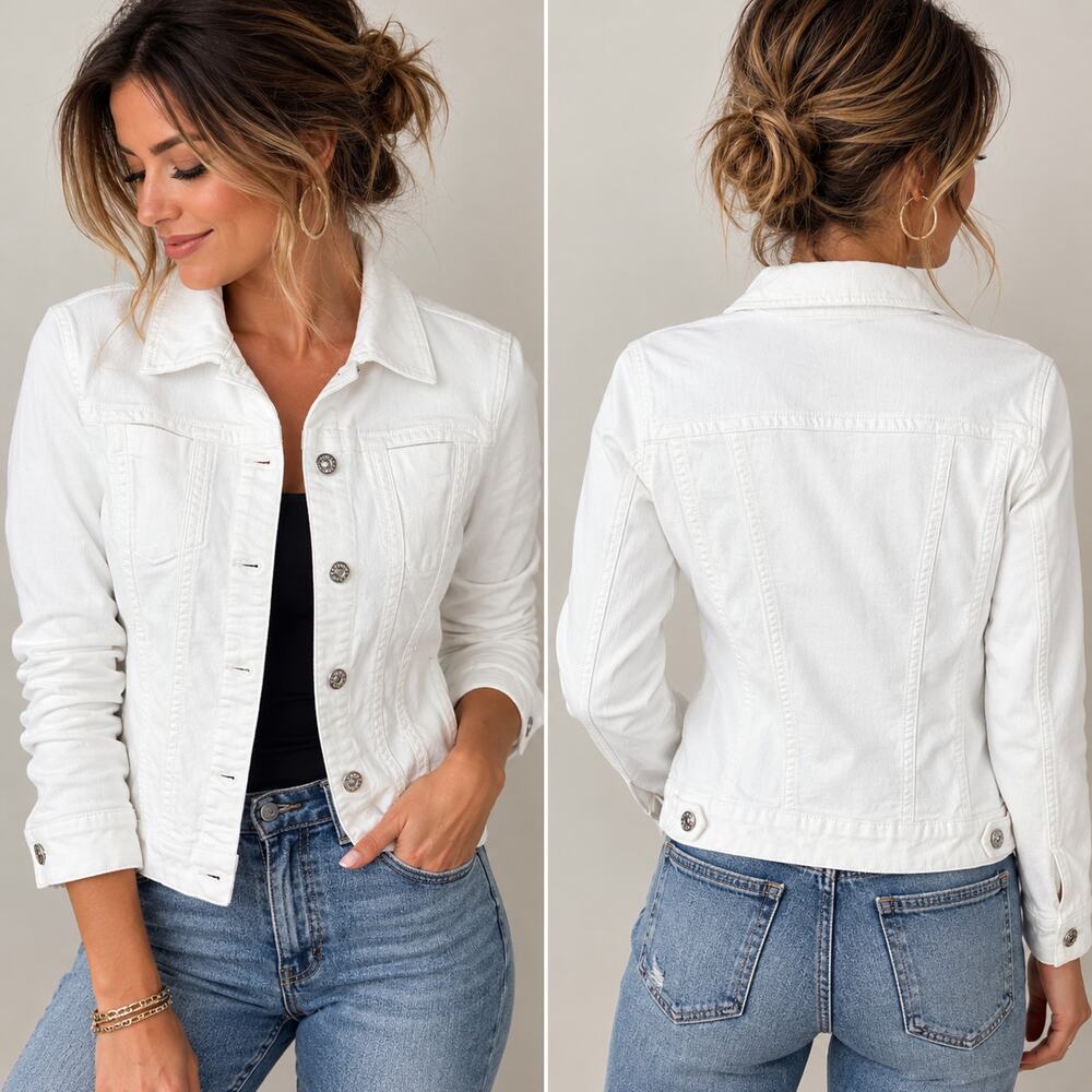 Chico's White Denim Jacket Size 1 8/10 Medium Stretch Classic Button Front